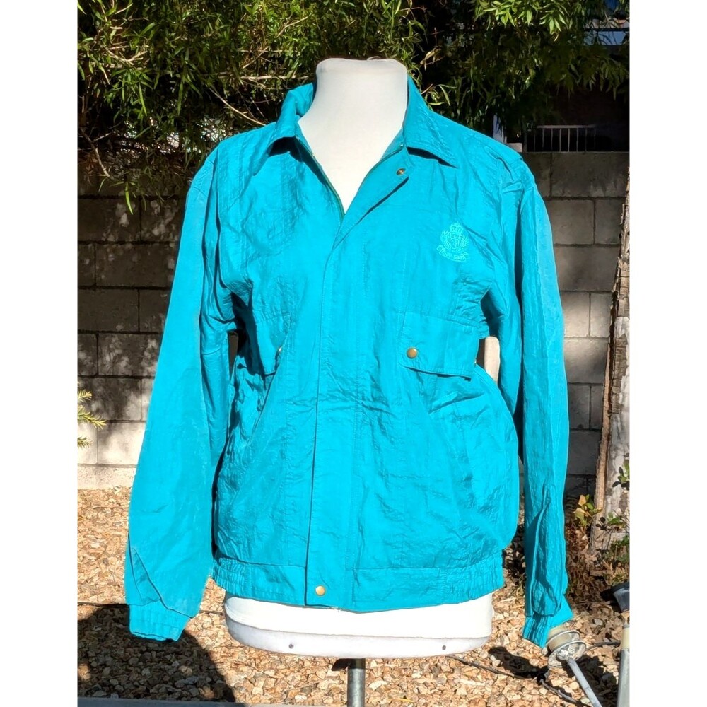 Women's Petite Med Aqua Windbreaker Zip-Up Retro Bomber Jacket Light Coat EUC